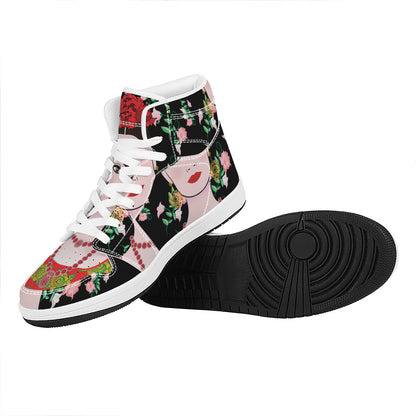 Frida Kahlo And Pink Flower Print High Top Leather Sneakers