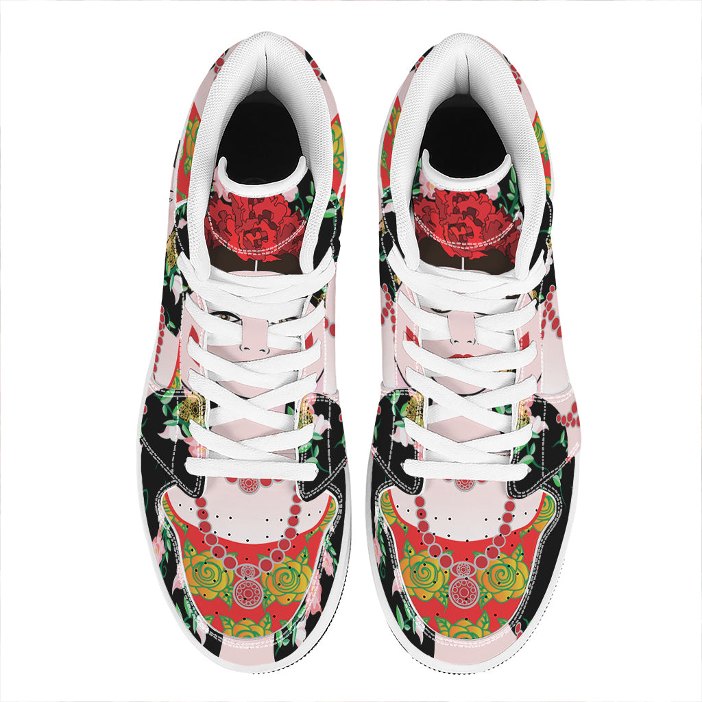 Frida Kahlo And Pink Flower Print High Top Leather Sneakers