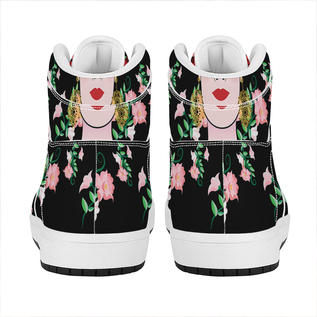 Frida Kahlo And Pink Flower Print High Top Leather Sneakers