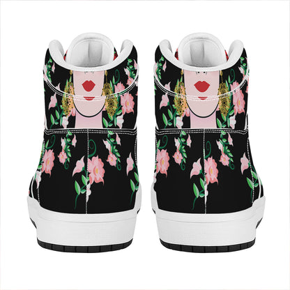 Frida Kahlo And Pink Flower Print High Top Leather Sneakers