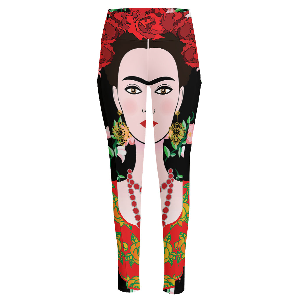 Frida Kahlo And Pink Flower Print High-Waisted Pocket Leggings