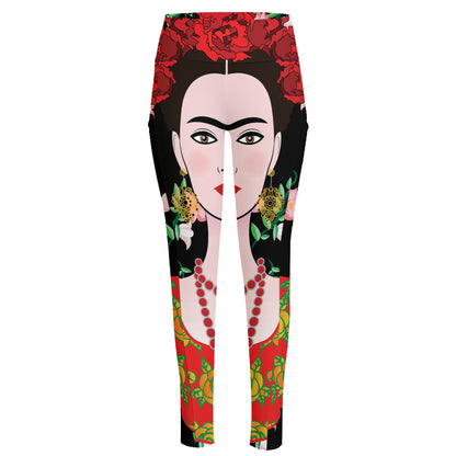 Frida Kahlo And Pink Flower Print High-Waisted Pocket Leggings