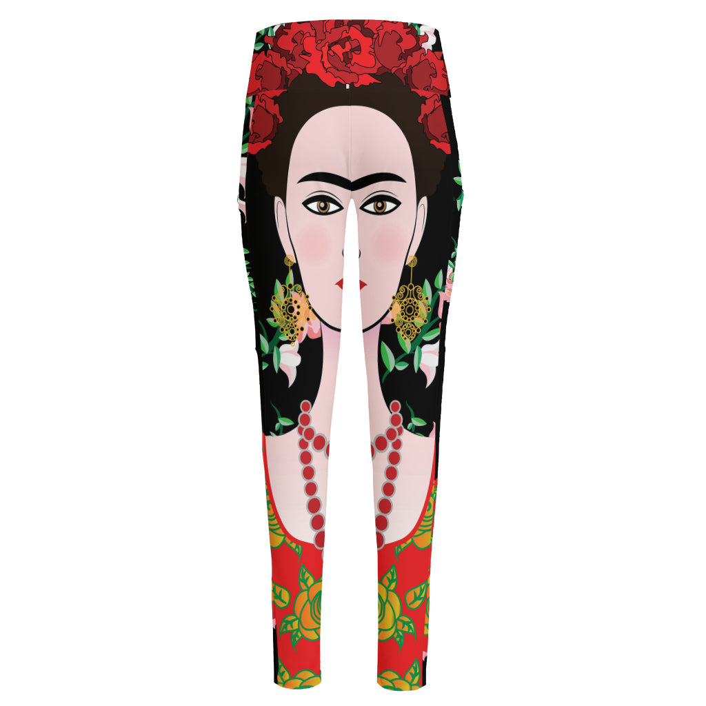Frida Kahlo And Pink Flower Print High-Waisted Pocket Leggings