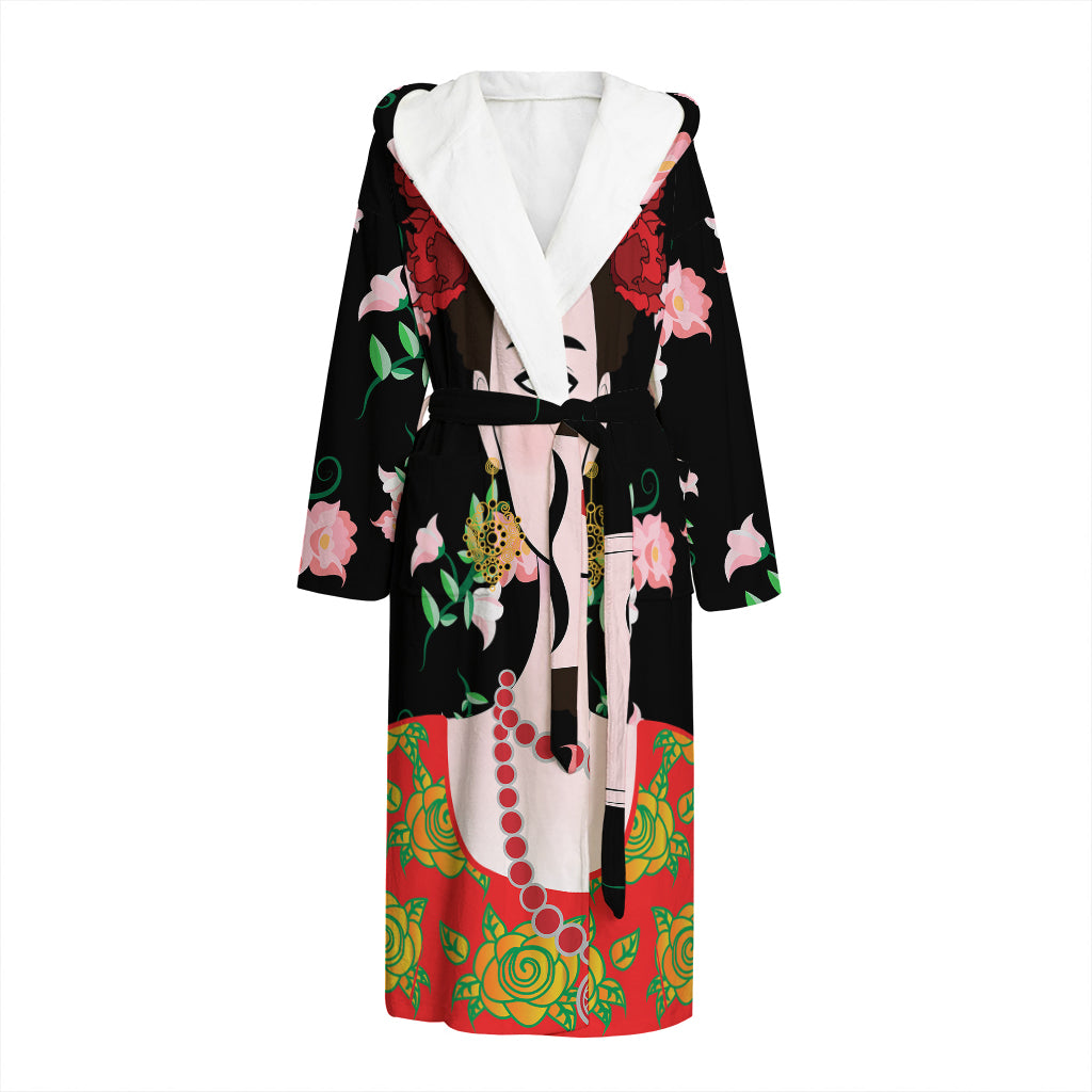 Frida Kahlo And Pink Flower Print Hooded Bathrobe