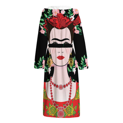 Frida Kahlo And Pink Flower Print Hooded Bathrobe