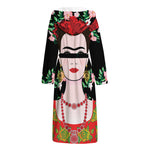 Frida Kahlo And Pink Flower Print Hooded Bathrobe
