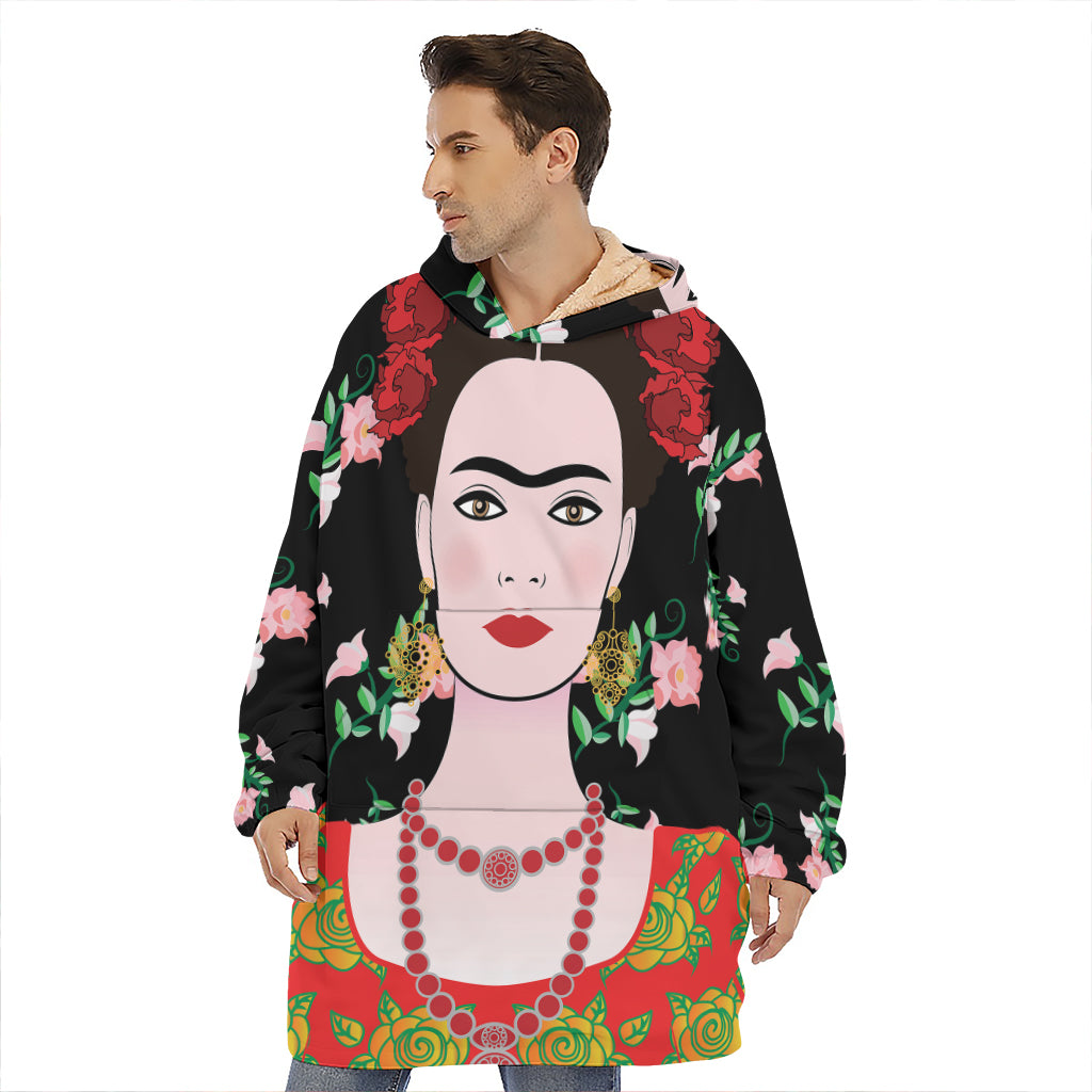 Frida Kahlo And Pink Flower Print Hoodie Blanket