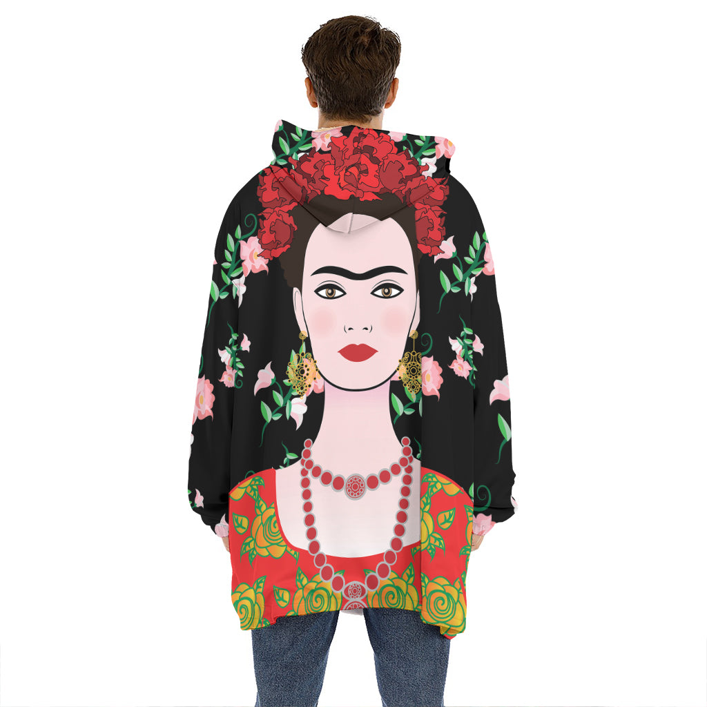 Frida Kahlo And Pink Flower Print Hoodie Blanket