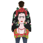 Frida Kahlo And Pink Flower Print Hoodie Blanket