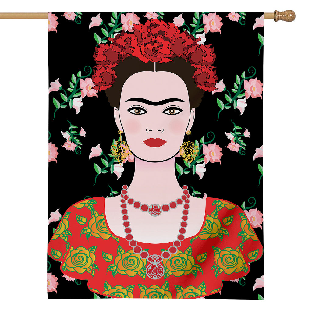 Frida Kahlo And Pink Flower Print House Flag