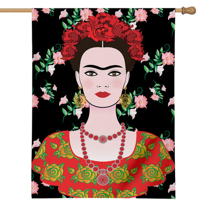 Frida Kahlo And Pink Flower Print House Flag