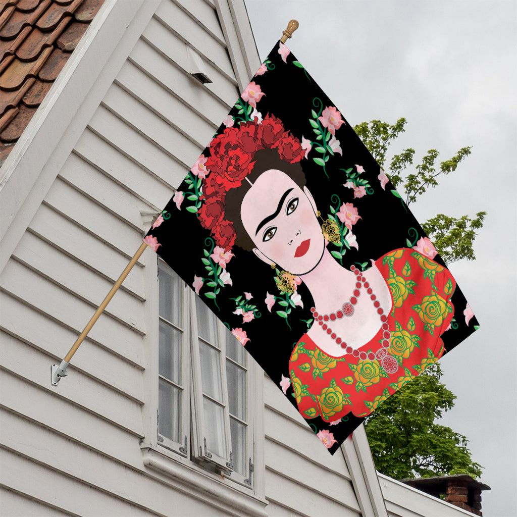 Frida Kahlo And Pink Flower Print House Flag
