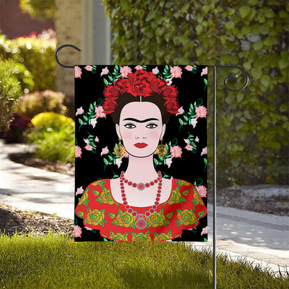 Frida Kahlo And Pink Flower Print House Flag