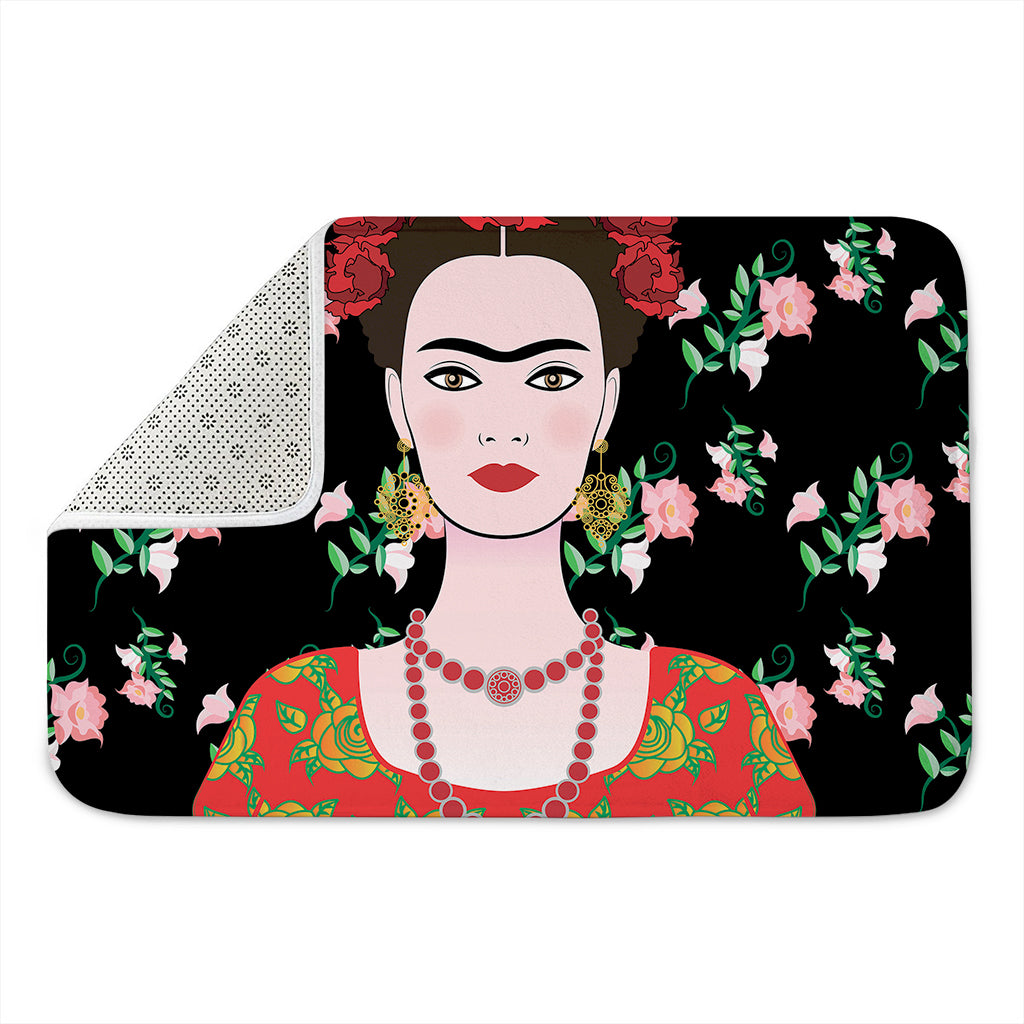 Frida Kahlo And Pink Flower Print Indoor Door Mat