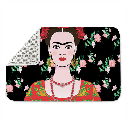 Frida Kahlo And Pink Flower Print Indoor Door Mat