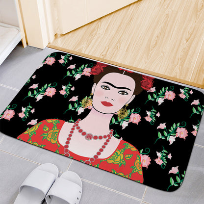 Frida Kahlo And Pink Flower Print Indoor Door Mat