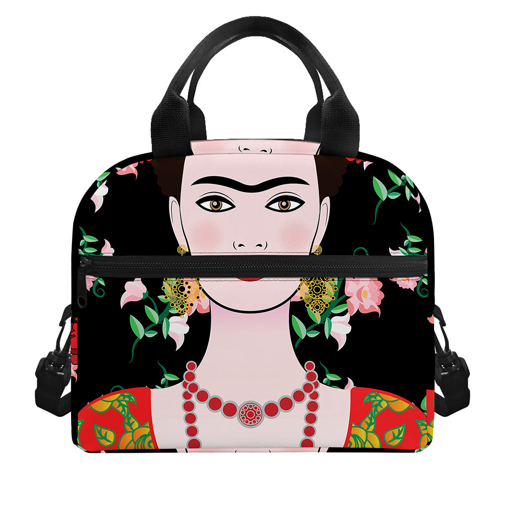 Frida Kahlo And Pink Flower Print Insulated Lunch Bag