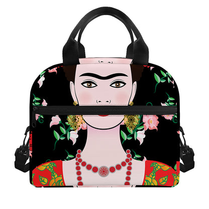 Frida Kahlo And Pink Flower Print Insulated Lunch Bag