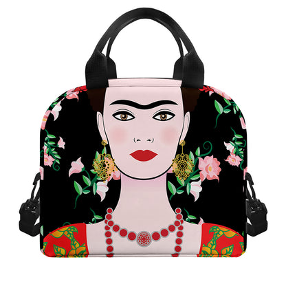 Frida Kahlo And Pink Flower Print Insulated Lunch Bag