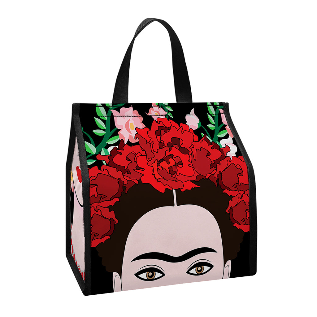 Frida Kahlo And Pink Flower Print Insulated Lunch Tote