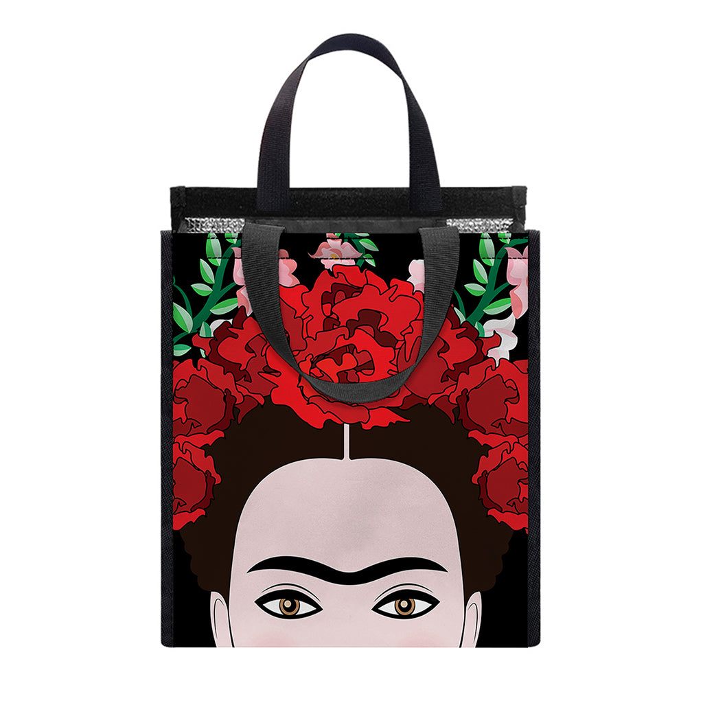 Frida Kahlo And Pink Flower Print Insulated Lunch Tote