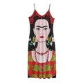 Frida Kahlo And Pink Flower Print Jersey Midi Cami Dress