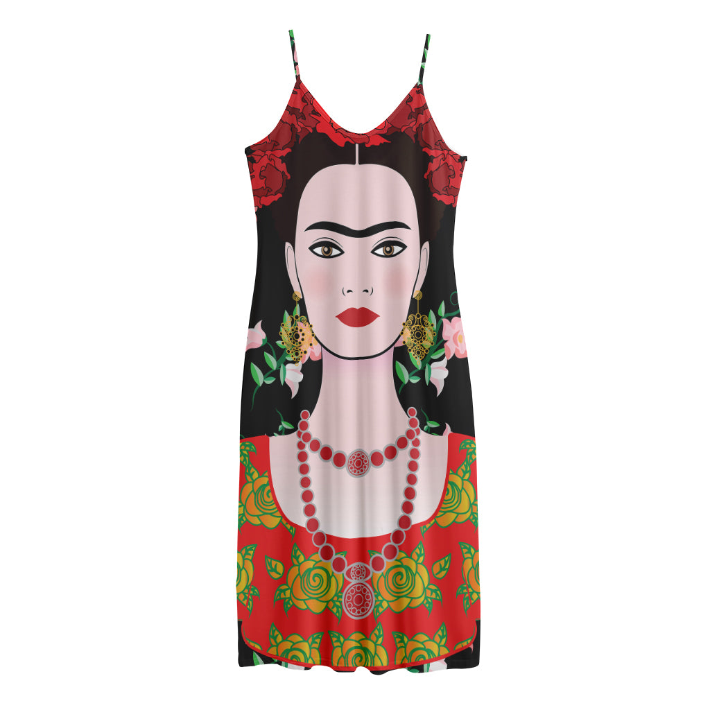 Frida Kahlo And Pink Flower Print Jersey Midi Cami Dress