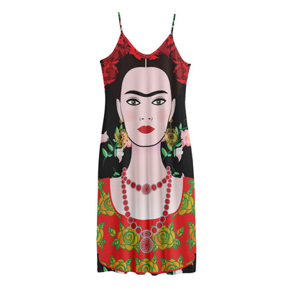 Frida Kahlo And Pink Flower Print Jersey Midi Cami Dress