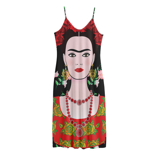 Frida Kahlo And Pink Flower Print Jersey Midi Cami Dress