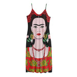 Frida Kahlo And Pink Flower Print Jersey Midi Cami Dress