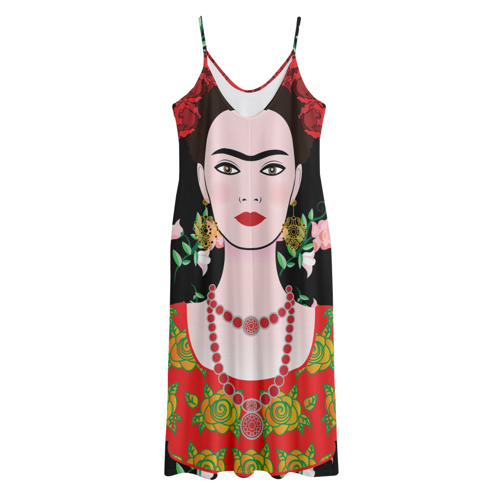 Frida Kahlo And Pink Flower Print Jersey Midi Cami Dress