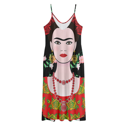 Frida Kahlo And Pink Flower Print Jersey Midi Cami Dress