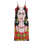 Frida Kahlo And Pink Flower Print Jersey Midi Cami Dress