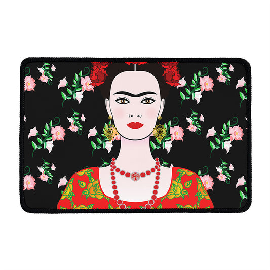Frida Kahlo And Pink Flower Print Kitchen Mat