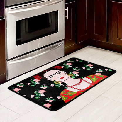 Frida Kahlo And Pink Flower Print Kitchen Mat