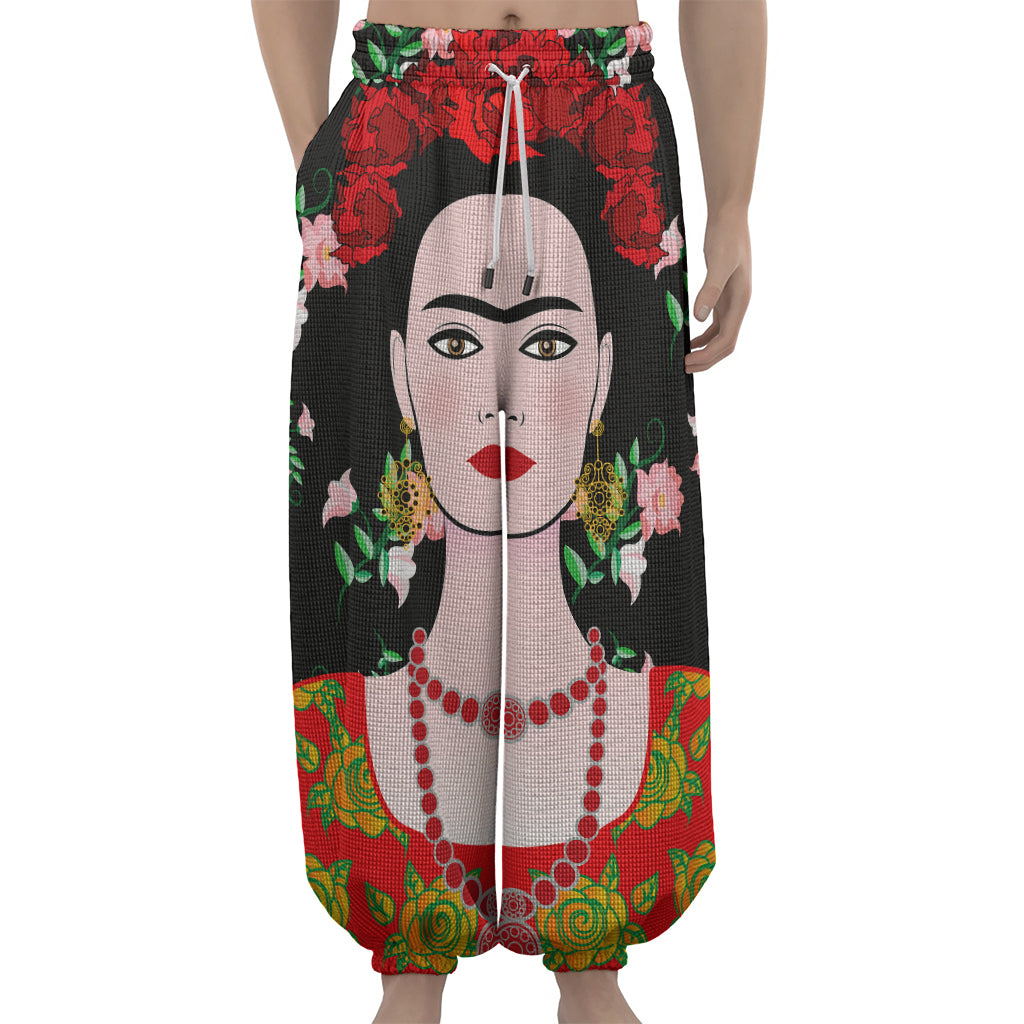 Frida Kahlo And Pink Flower Print Lantern Pants