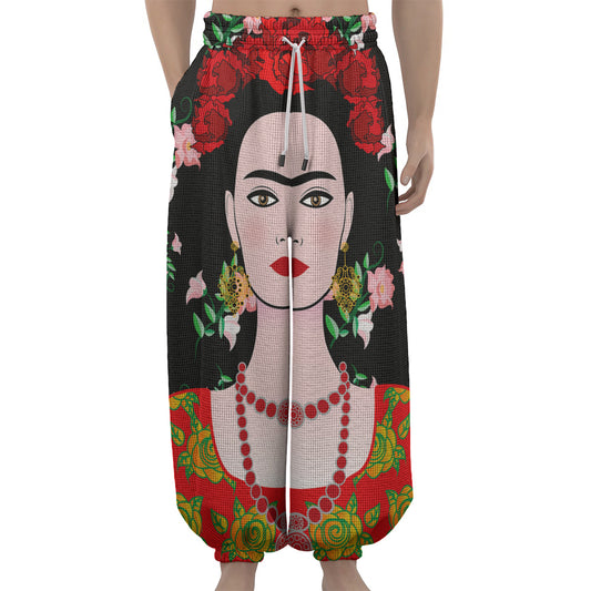 Frida Kahlo And Pink Flower Print Lantern Pants