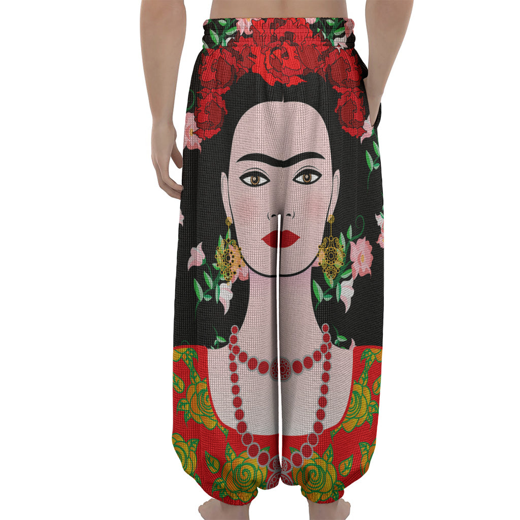 Frida Kahlo And Pink Flower Print Lantern Pants
