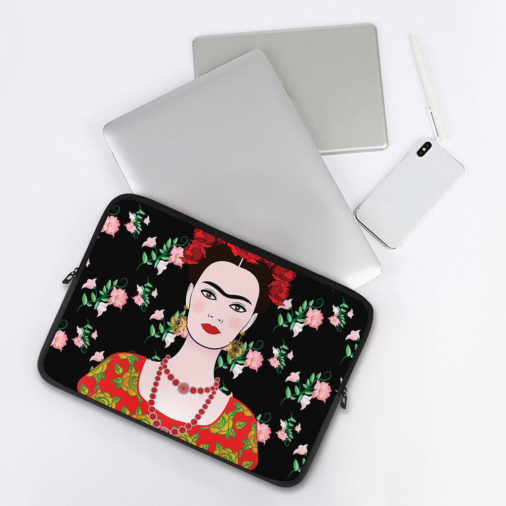 Frida Kahlo And Pink Flower Print Laptop Sleeve