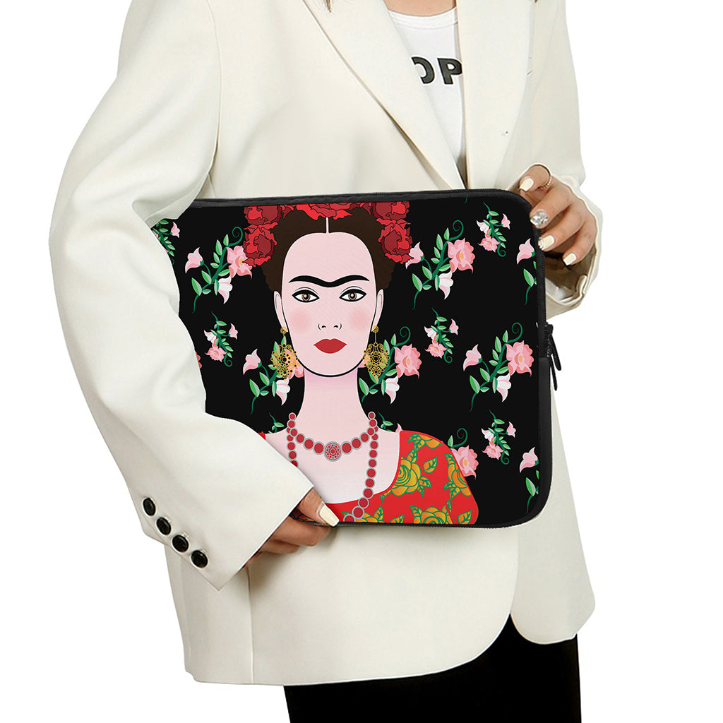 Frida Kahlo And Pink Flower Print Laptop Sleeve