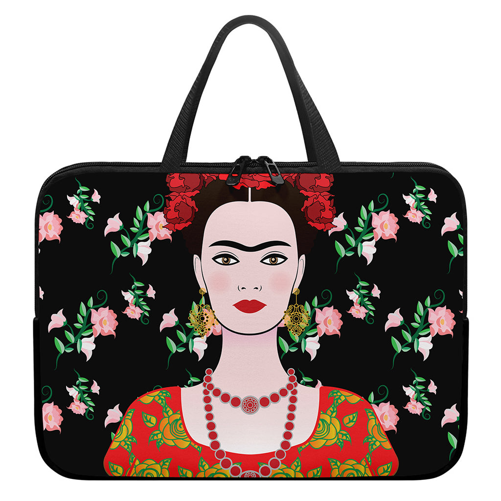Frida Kahlo And Pink Flower Print Laptop Sleeve With Handle
