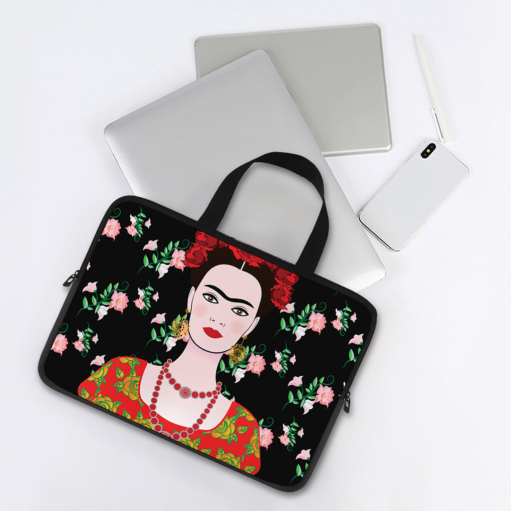 Frida Kahlo And Pink Flower Print Laptop Sleeve With Handle