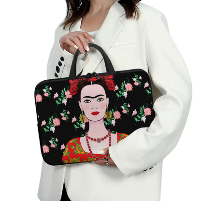 Frida Kahlo And Pink Flower Print Laptop Sleeve With Handle