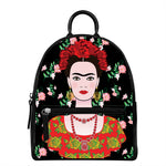 Frida Kahlo And Pink Flower Print Leather Backpack