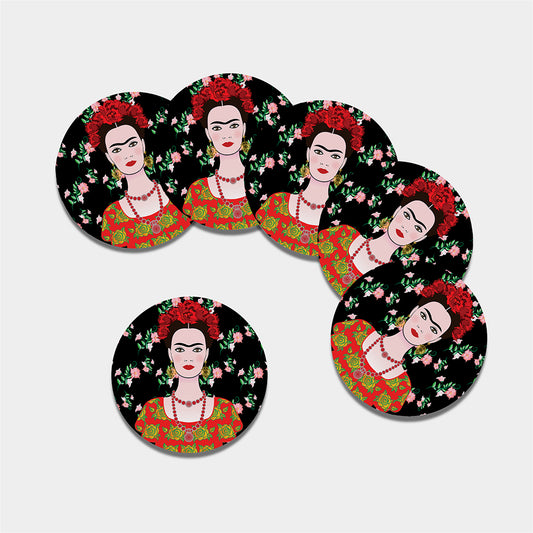 Frida Kahlo And Pink Flower Print Leather Coaster Set