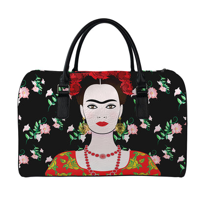 Frida Kahlo And Pink Flower Print Leather Duffle Bag