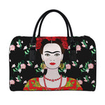 Frida Kahlo And Pink Flower Print Leather Duffle Bag