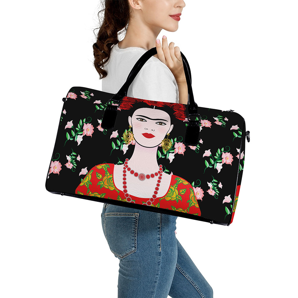 Frida Kahlo And Pink Flower Print Leather Duffle Bag