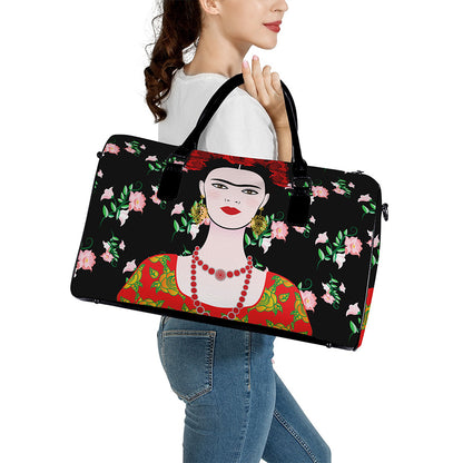 Frida Kahlo And Pink Flower Print Leather Duffle Bag