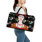 Frida Kahlo And Pink Flower Print Leather Duffle Bag